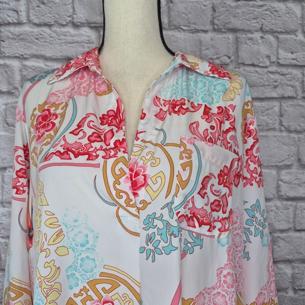 Natori Boho Floral Medallion Tunic Dress Split V Neck Butterfly Sleep Shirt Sz L - Picture 4 of 10